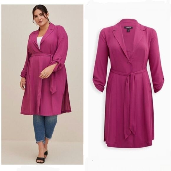 Torrid Lightweight Chiffon Drape Trench Coat Fuchsia 3/4 Sleeve Pockets Plus 5X - Picture 1 of 11